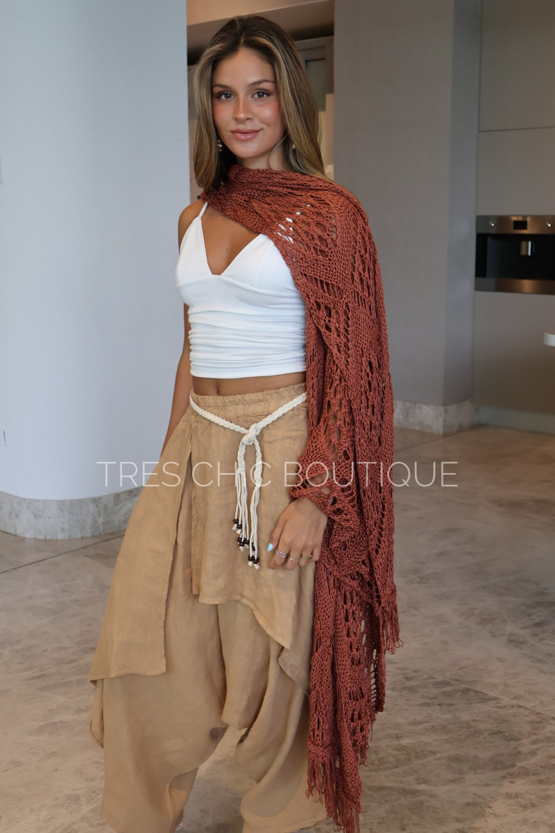 PONCHO LARGO CALADO TEJA