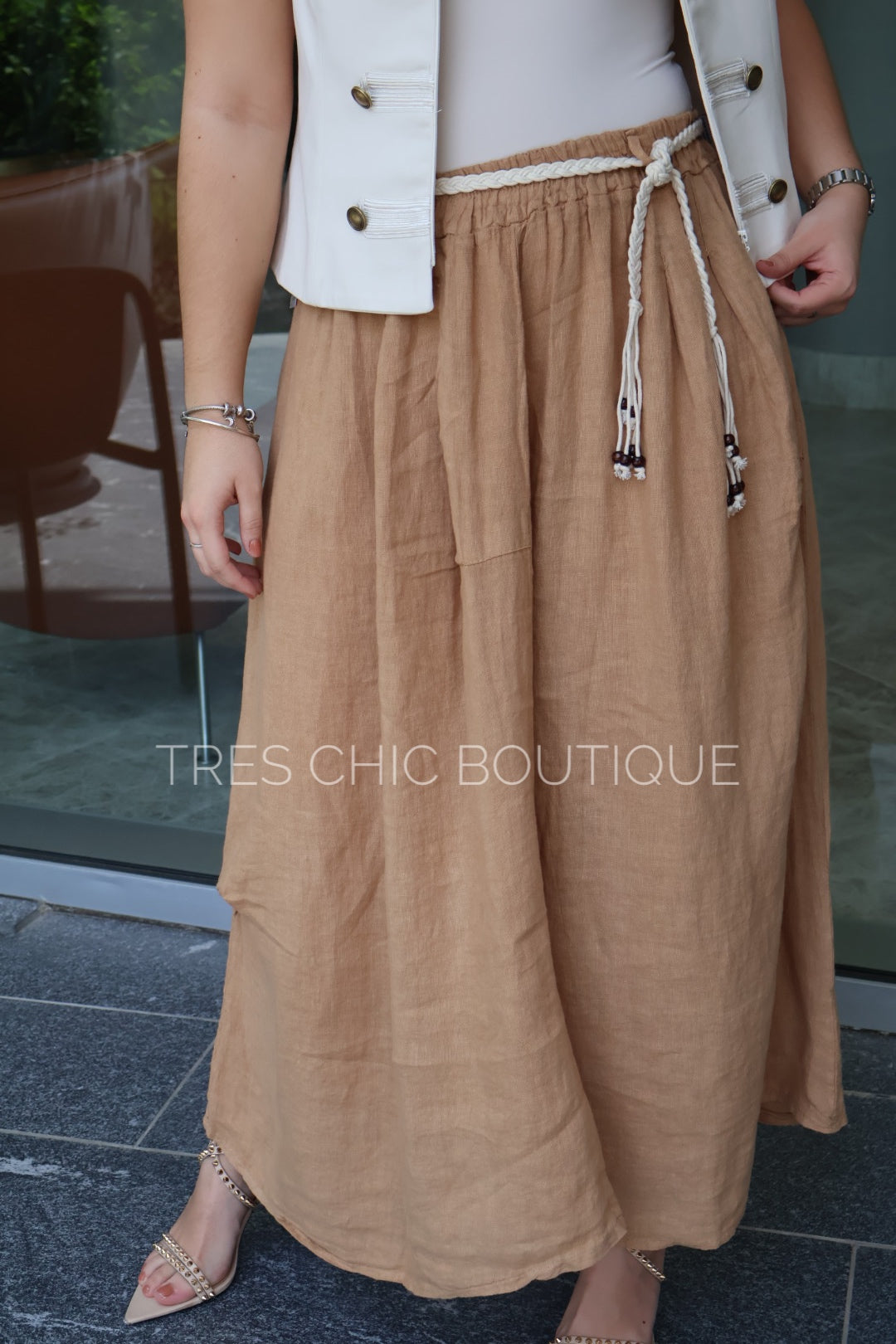 FALDA LINO CAMEL CINTO