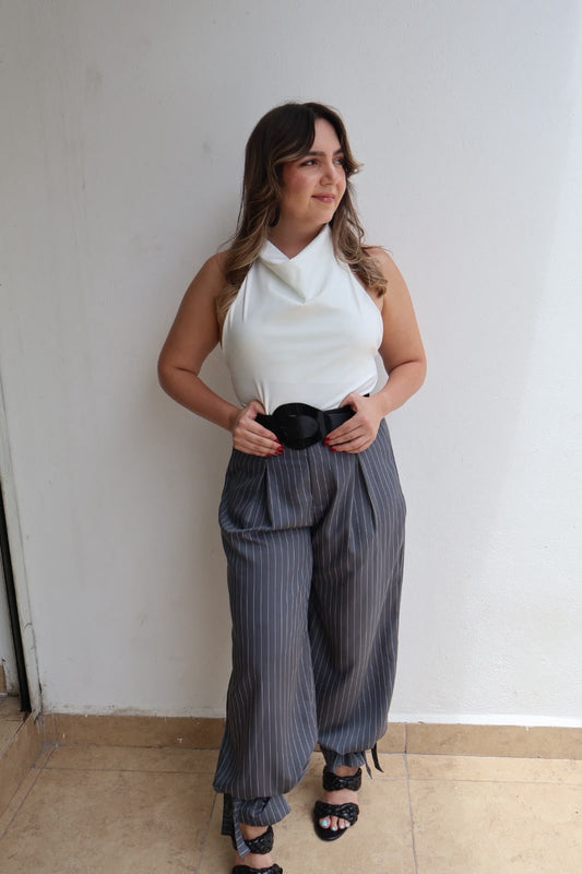 PANTALÓN AZUL GRIS RAYA BLANCA