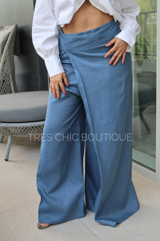 PANTALÓN LINO AZUL TIRA