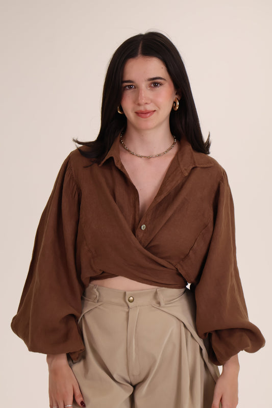 BLUSA MANGA GLOBO BOTON cafe
