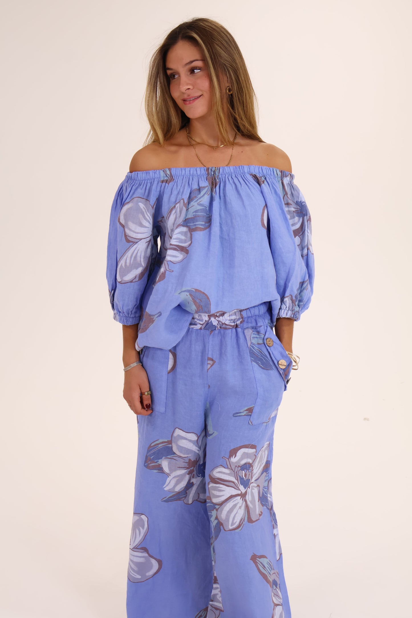 CONJUNTO FLOR PANTALON BLUSA azul-con-gris